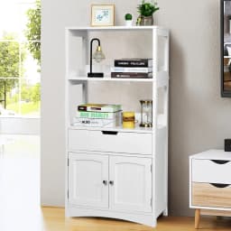 GOFLAME Bathroom Floor Cabinet Wooden Tall Storage Cupboard Freestanding 2 Open Shelves