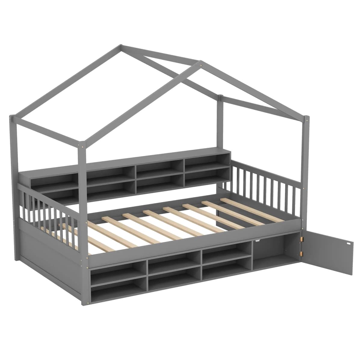 GOFLAME Single Size House Bed Wooden Platform Bed Frame w/Roof-Grey