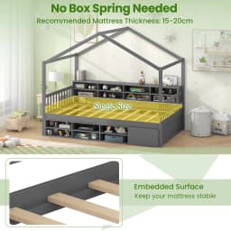 GOFLAME Single Size House Bed Wooden Platform Bed Frame w/Roof-Grey