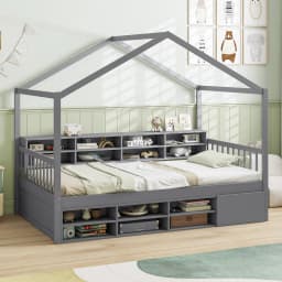 GOFLAME Single Size House Bed Wooden Platform Bed Frame w/Roof-Grey