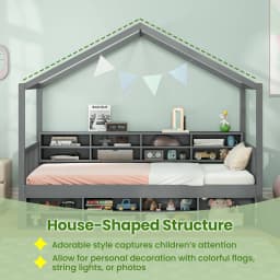 GOFLAME Single Size House Bed Wooden Platform Bed Frame w/Roof-Grey