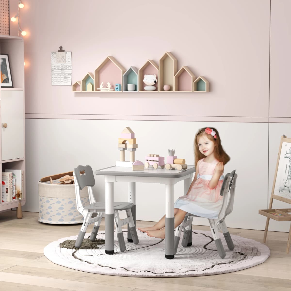AIYAPLAY Kids Table and Chair Set, 3 Pcs Height Adjustable Set with 2 Chairs, Easy to Wipe Arts & Crafts Table - Grey