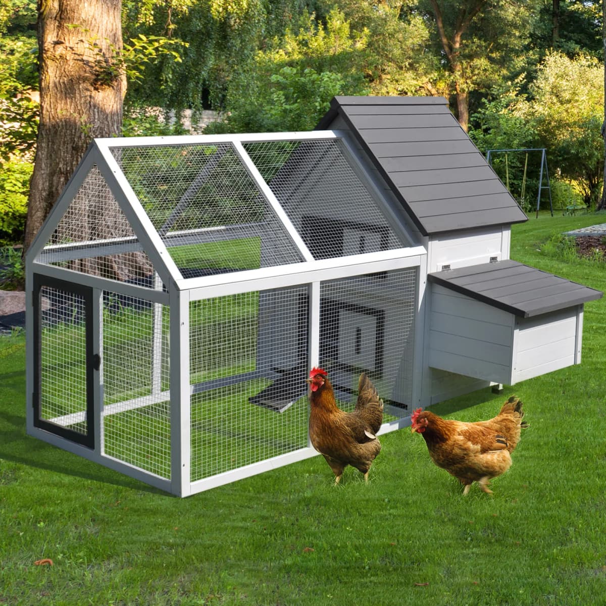 PawHut Chicken Coop with Run Wooden Hen House Pet Poultry Coops Cages with Nesting Box 166 x 124 x 112cm