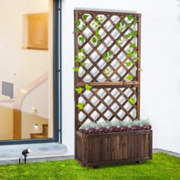 Garden Wooden Pine Trough Planter W/ Topped Trellis Climbing Plants, Carbonized