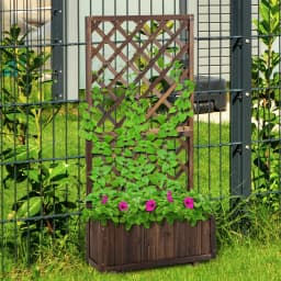 Garden Wooden Pine Trough Planter W/ Topped Trellis Climbing Plants, Carbonized