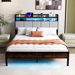 GOFLAME King Size Bed Frame w/ LED Light & Charging Station-Brown