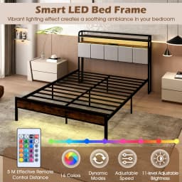 GOFLAME King Size Bed Frame w/ LED Light & Charging Station-Brown