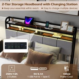GOFLAME King Size Bed Frame w/ LED Light & Charging Station-Brown