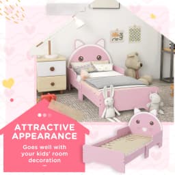 ZONEKIZ Toddler Bed Frame, Kids Bed Cat Design Princess Bed with Guardrails, for 3-6 Years Old, 143L x 74W x 72Hcm - Pink