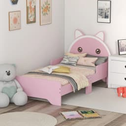 ZONEKIZ Toddler Bed Frame, Kids Bed Cat Design Princess Bed with Guardrails, for 3-6 Years Old, 143L x 74W x 72Hcm - Pink