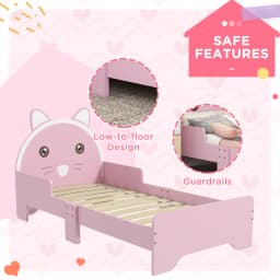 ZONEKIZ Toddler Bed Frame, Kids Bed Cat Design Princess Bed with Guardrails, for 3-6 Years Old, 143L x 74W x 72Hcm - Pink