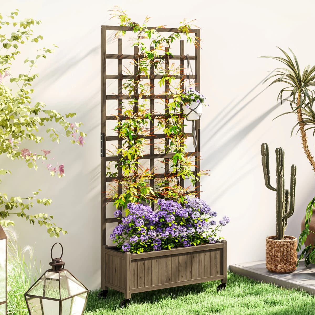Wooden Trellis Planter, Raised Garden Bed with Wheels and Bed Liner
