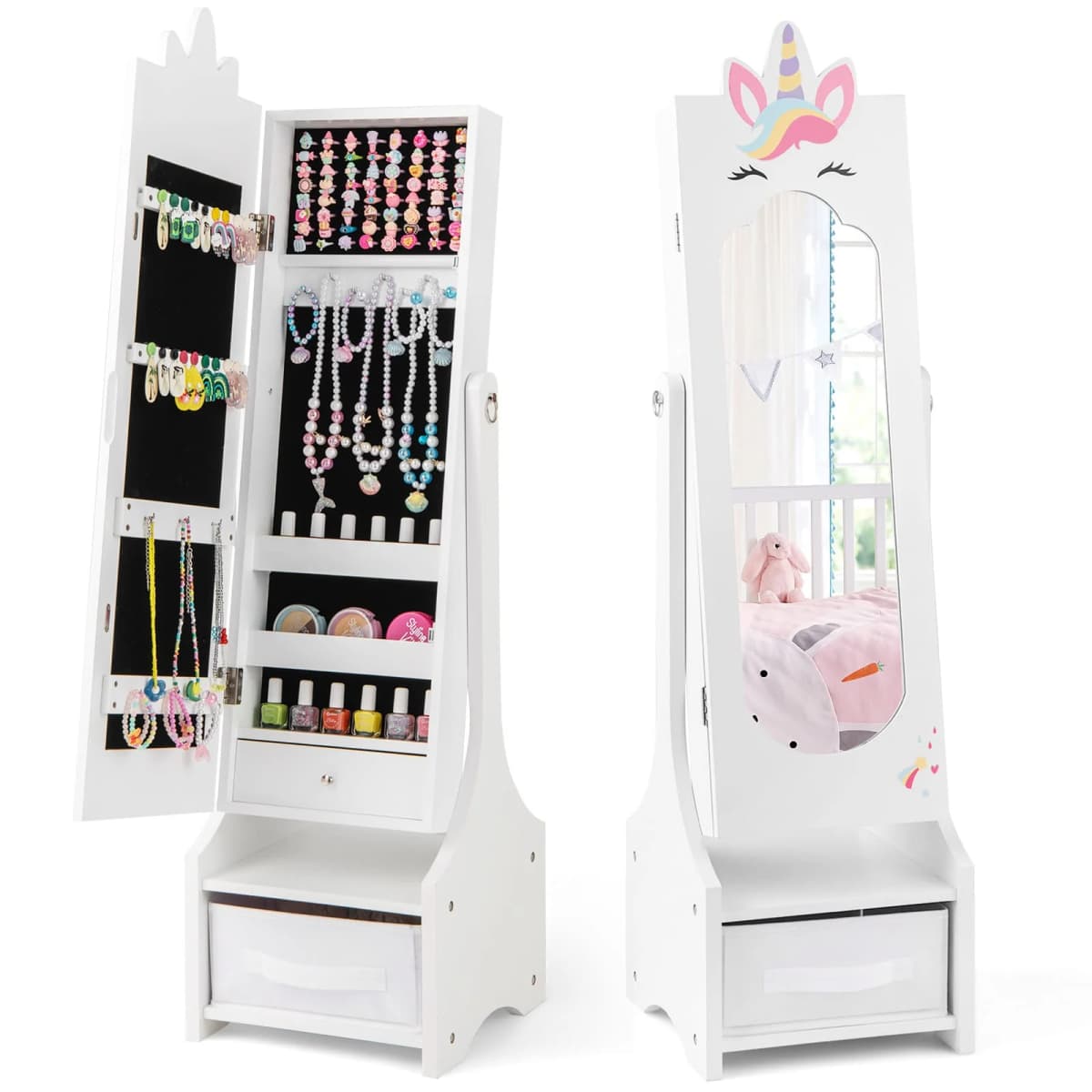 GOFLAME Kids Jewelry Cabinet Standing Children Jewelry Organizer w/Drawer-White