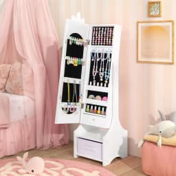 GOFLAME Kids Jewelry Cabinet Standing Children Jewelry Organizer w/Drawer-White