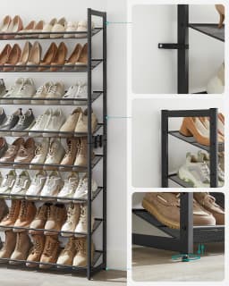 SONGMICS Shoe Rack, 8-Tier Stackable Shoe Storage Shelf, Metal Shoe Organiser with Adjustable Flat or Angled Shelves