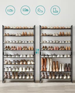 SONGMICS Shoe Rack, 8-Tier Stackable Shoe Storage Shelf, Metal Shoe Organiser with Adjustable Flat or Angled Shelves