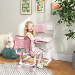 ZONEKIZ Kids Study Desk and Chair Set with Drawer, Bookshelf, Adjustable Angle, Non-slip Mat, for Ages 6-12 Years