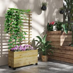 Garden Wooden Planter Box with Trellis Flower Raised Bed W/ Wheels, Natural