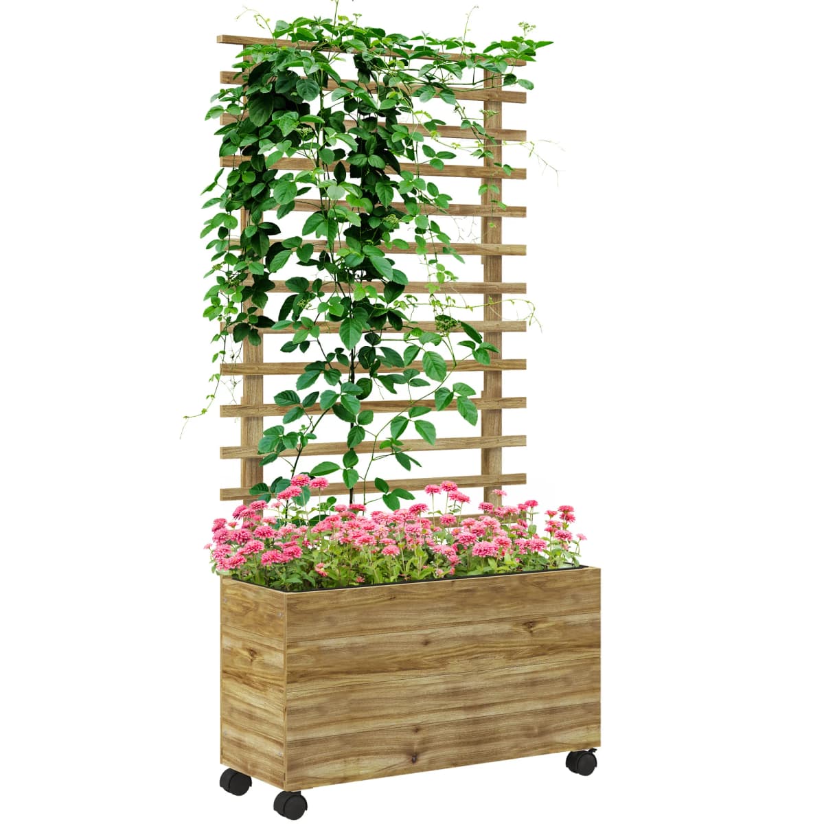 Garden Wooden Planter Box with Trellis Flower Raised Bed W/ Wheels, Natural