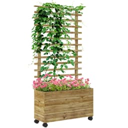 Garden Wooden Planter Box with Trellis Flower Raised Bed W/ Wheels, Natural