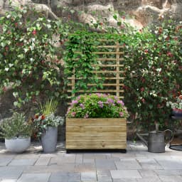 Garden Wooden Planter Box with Trellis Flower Raised Bed W/ Wheels, Natural
