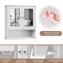 DayPlus Mirror Cabinet Double Door with Open Shelf, Wall Mounted Storage Cupboard for Bathroom with Adjustable Shelf White