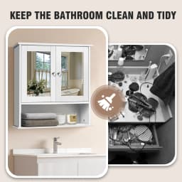 DayPlus Mirror Cabinet Double Door with Open Shelf, Wall Mounted Storage Cupboard for Bathroom with Adjustable Shelf White