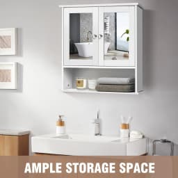 DayPlus Mirror Cabinet Double Door with Open Shelf, Wall Mounted Storage Cupboard for Bathroom with Adjustable Shelf White