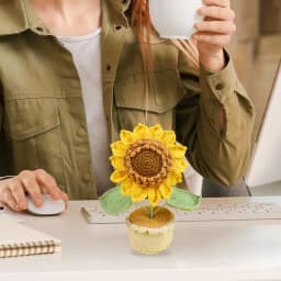 Knitted Flowers Desk Decor Handmade Artificial Potted Plant Desktop Decoration Home Table Centerpiece 25cm/9.84inch Sunflower