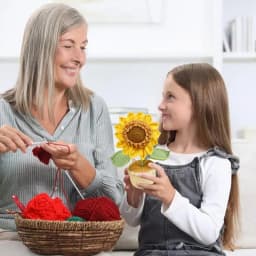 Knitted Flowers Desk Decor Handmade Artificial Potted Plant Desktop Decoration Home Table Centerpiece 25cm/9.84inch Sunflower