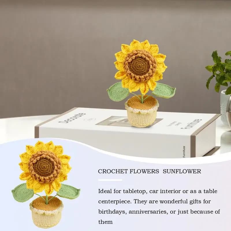 Knitted Flowers Desk Decor Handmade Artificial Potted Plant Desktop Decoration Home Table Centerpiece 25cm/9.84inch Sunflower