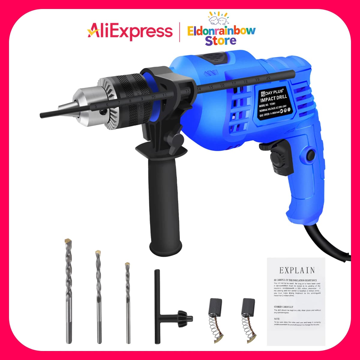 360° Rotating Handle Power Electric Hammer Drill, 2 in 1 Function Rotary Hammer Drill 1000W Variable Speed with Impact Drill Bit
