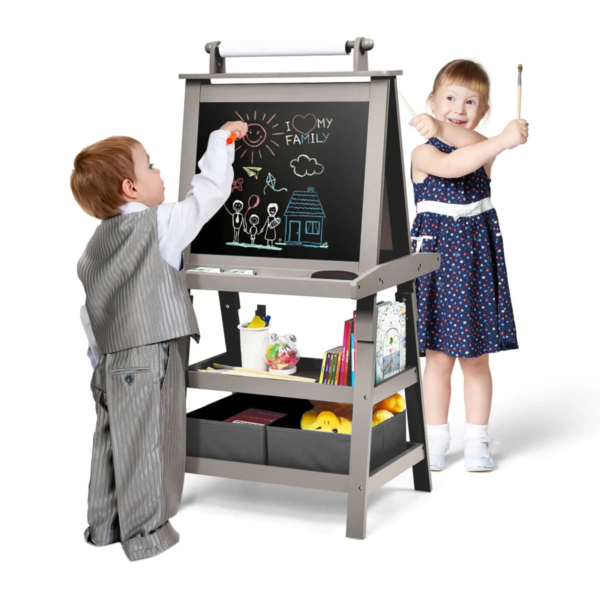 DORTALA Kids Art Easel 3 in 1 Double-Sided Storage Easel Toddlers Wooden Standing Easel