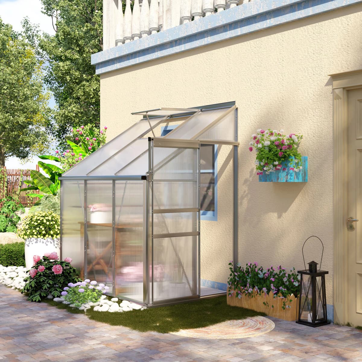 6 X 4ft Lean to Polycarbonate Greenhouse for Garden W/ Adjustable Roof Vent