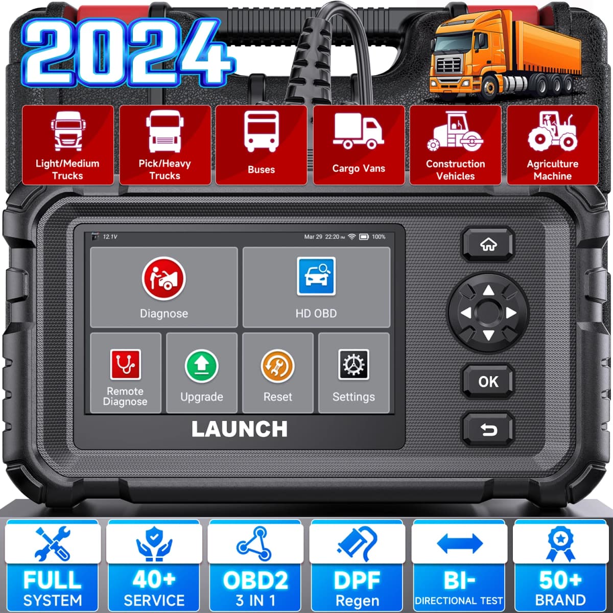 New LAUNCH CRP129HD Heavy Duty Truck Diesel Scanner Diagnostic Tool Oil DPF Reset Speed Limit Adjust Bi-directional Commercial