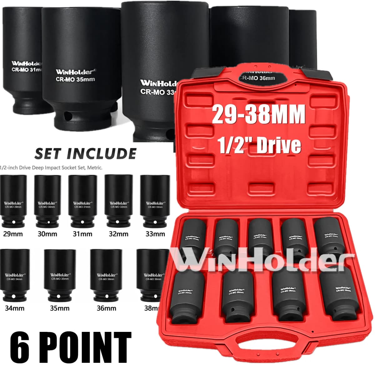 WinHolder 9Pcs 1/2" Drive 6 Point Axle Nut Hub Air Impact Deep Socket Set 29-38mm Pneumatic Adapter Wrench Garage Hand Tool Set