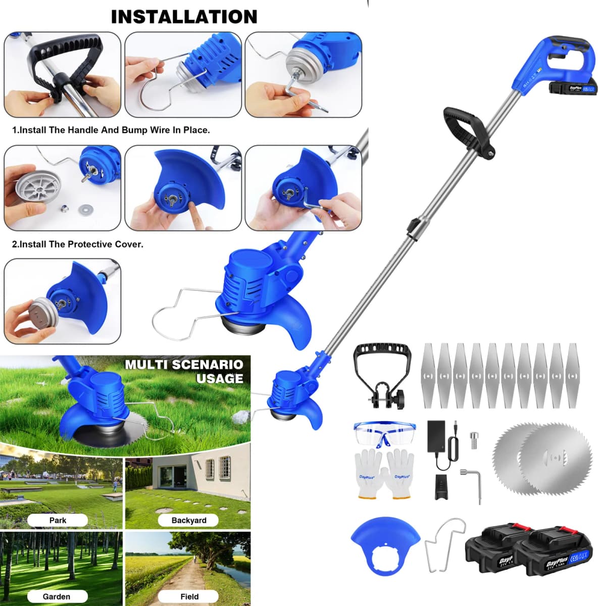 21 V Battery Grass Trimmer with 2 Batteries with Rotating Handle, Cordless Grass Trimmer for Garden, Yard