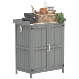 Wooden Garden Tool Shed with Hinged Roof and Shelf, Gray