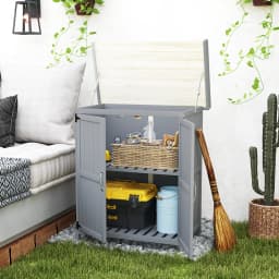 Wooden Garden Tool Shed with Hinged Roof and Shelf, Gray
