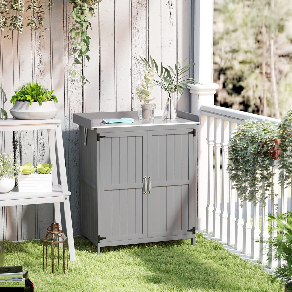 Wooden Garden Tool Shed with Hinged Roof and Shelf, Gray