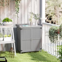 Wooden Garden Tool Shed with Hinged Roof and Shelf, Gray