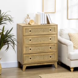 HOMCOM Chest of Drawers, 4 Drawer Unit Storage Organiser with Rattan Element