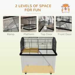 PawHut Hamster Cage, Gerbil Cage with Wheels, Deep Bottom, Ramp, Food Dish, Water Bottle, for Dwarf, Syrian - Black
