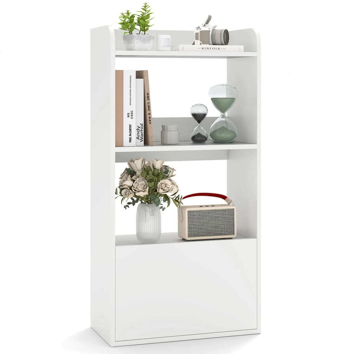 GOFLAME Bookcase with Drawer Freestanding Bookshelf w/ 3-Tier Open Shelf White