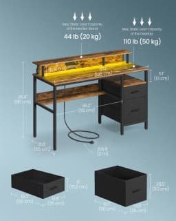 VASAGLE Gaming Desk with LED Lights and Built-In Power Outlets, Computer Desk with Monitor Shelf, Corner Desk, 135x55x89cm