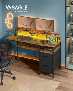 VASAGLE Gaming Desk with LED Lights and Built-In Power Outlets, Computer Desk with Monitor Shelf, Corner Desk, 135x55x89cm