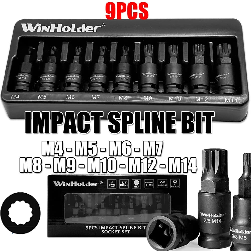 Impact Spline Bit Sockets Set 9pcs 3/8" Drive M4 - M5 - M6 - M7 - M8 - M9 - M10 - M12 - M14 Car Garage Tools Kit CR-V Steel