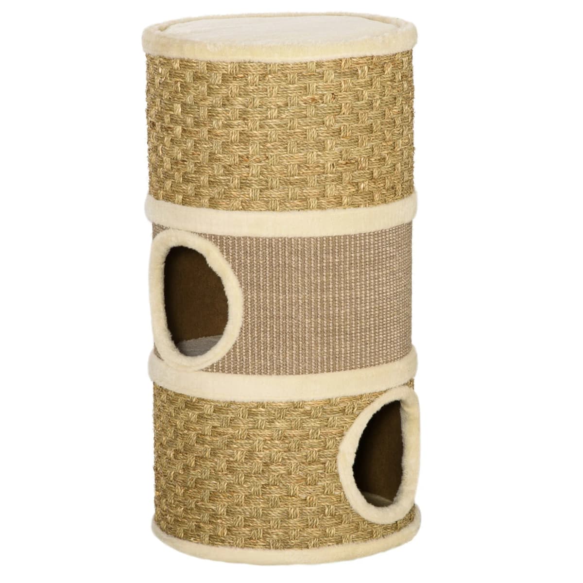 PawHut Cat Scratching Barrel Kitten Tree Climbing Frame Covered with Sisal and Seaweed Rope Cozy Platform Soft Plush