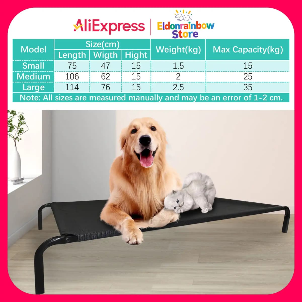 Elevated Breathable Dog Bed Pet Bed Dog Cat Folding Pet Elevated Camping Pet Bed 15/25/35kg Max Capacity