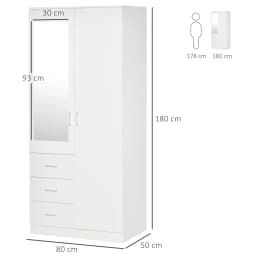 HOMCOM 2-Door Wardrobe w/ Adjustable Shelf 3 Drawers for Bedroom, 180cm, White